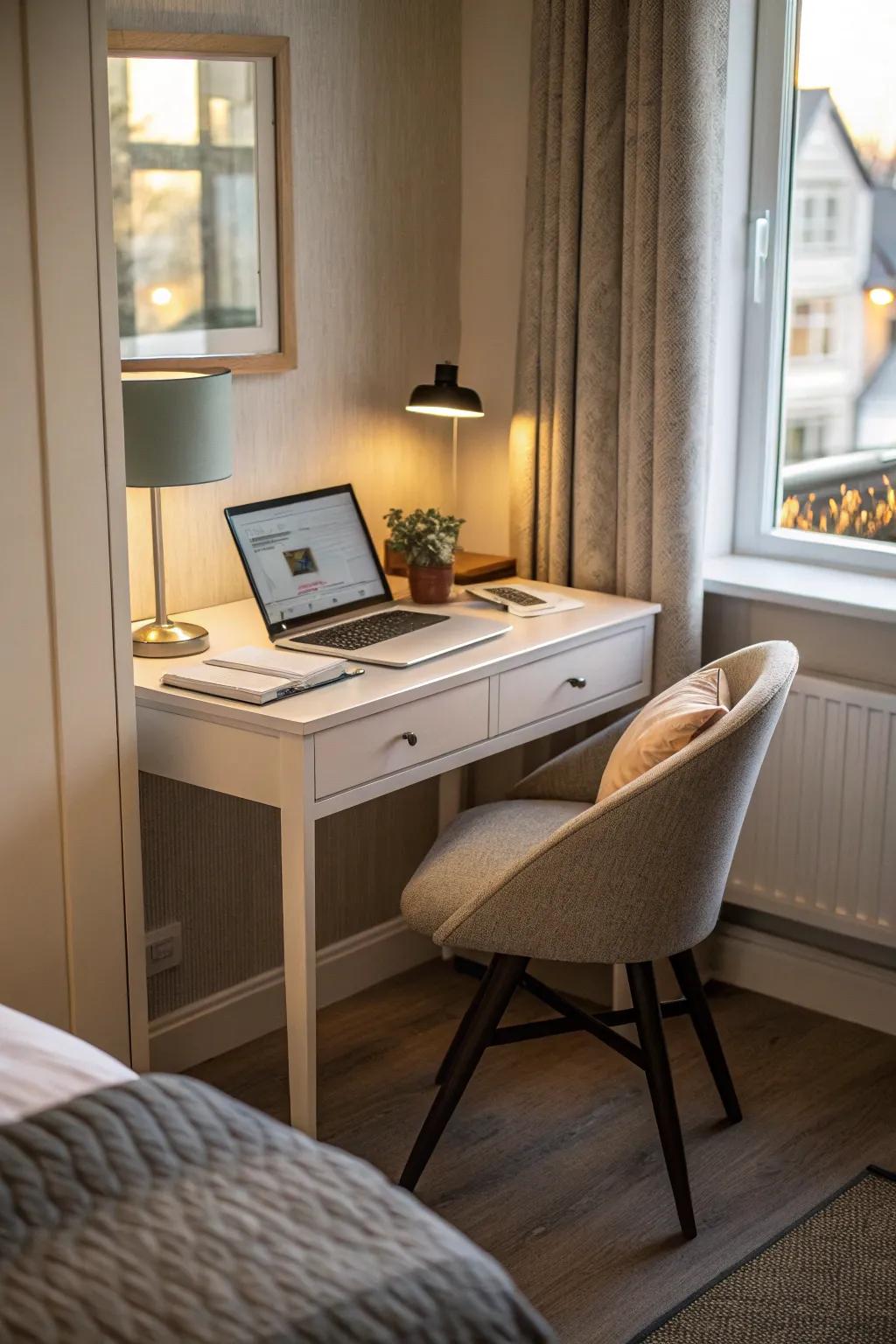A functional workspace can fit perfectly into a corner.