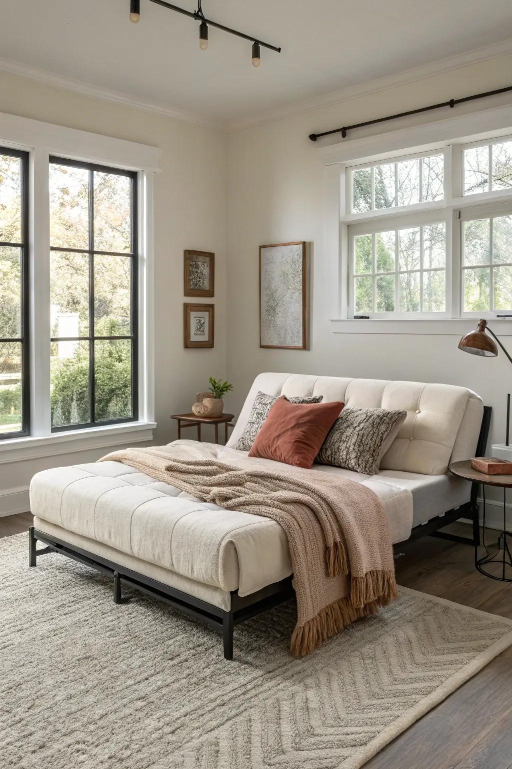 A modern convertible bed in a bedroom, offering flexible seating and sleep solutions.