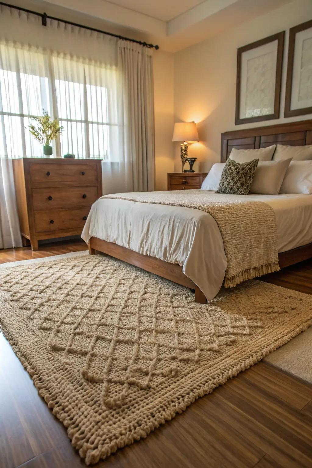 A cozy rug introduces warmth and texture to the bedroom surface.