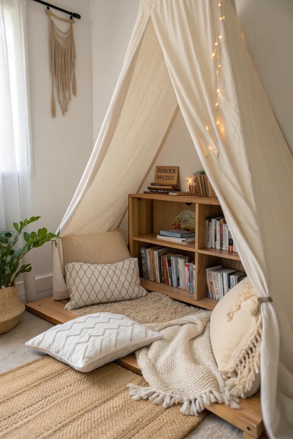 Escape into a realm of narratives with this charming perusing corner fortress, where minimalism aligns with boho flair.