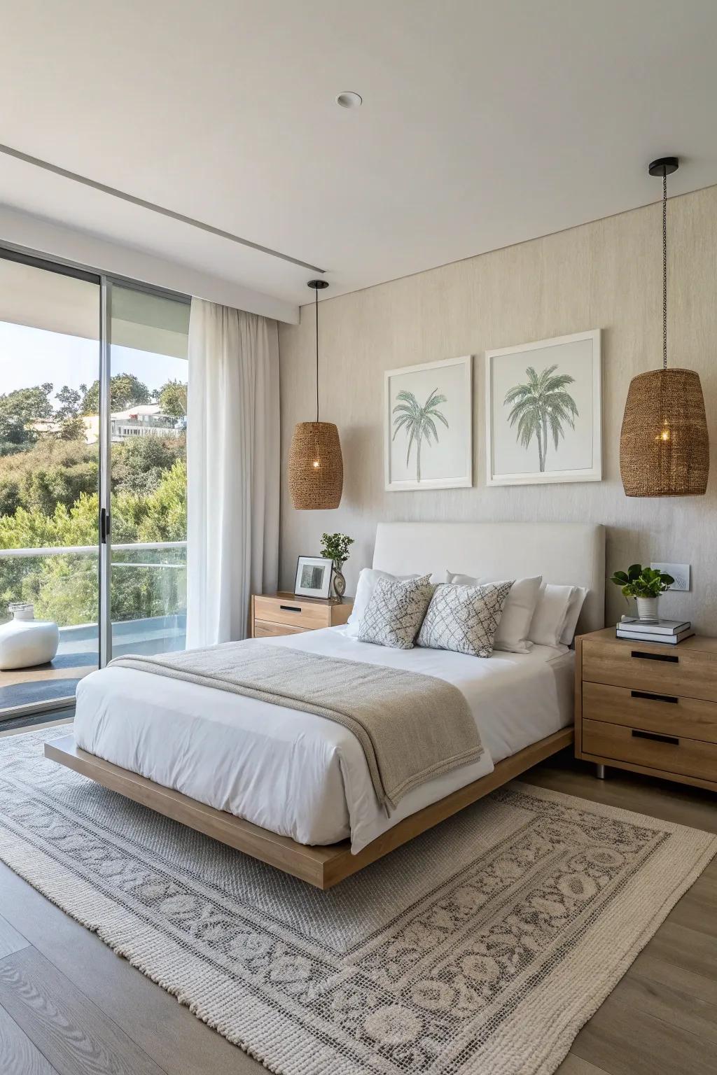 Floating nightstands provide a sleek, contemporary look.