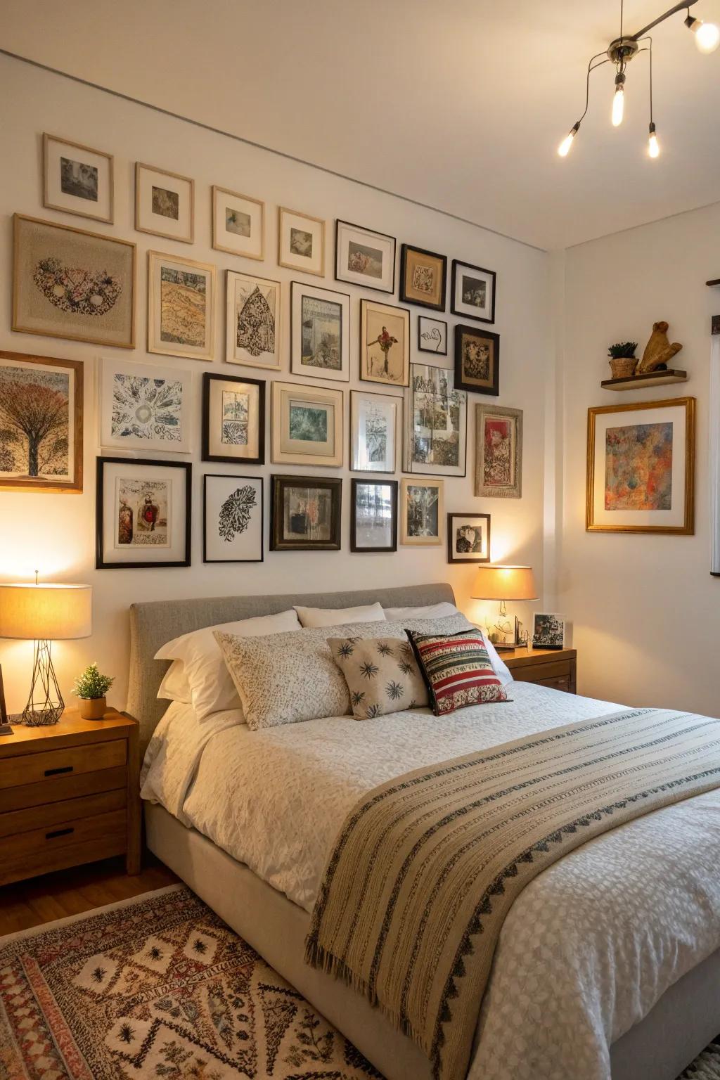A bedroom created by a personal collection of artwork.