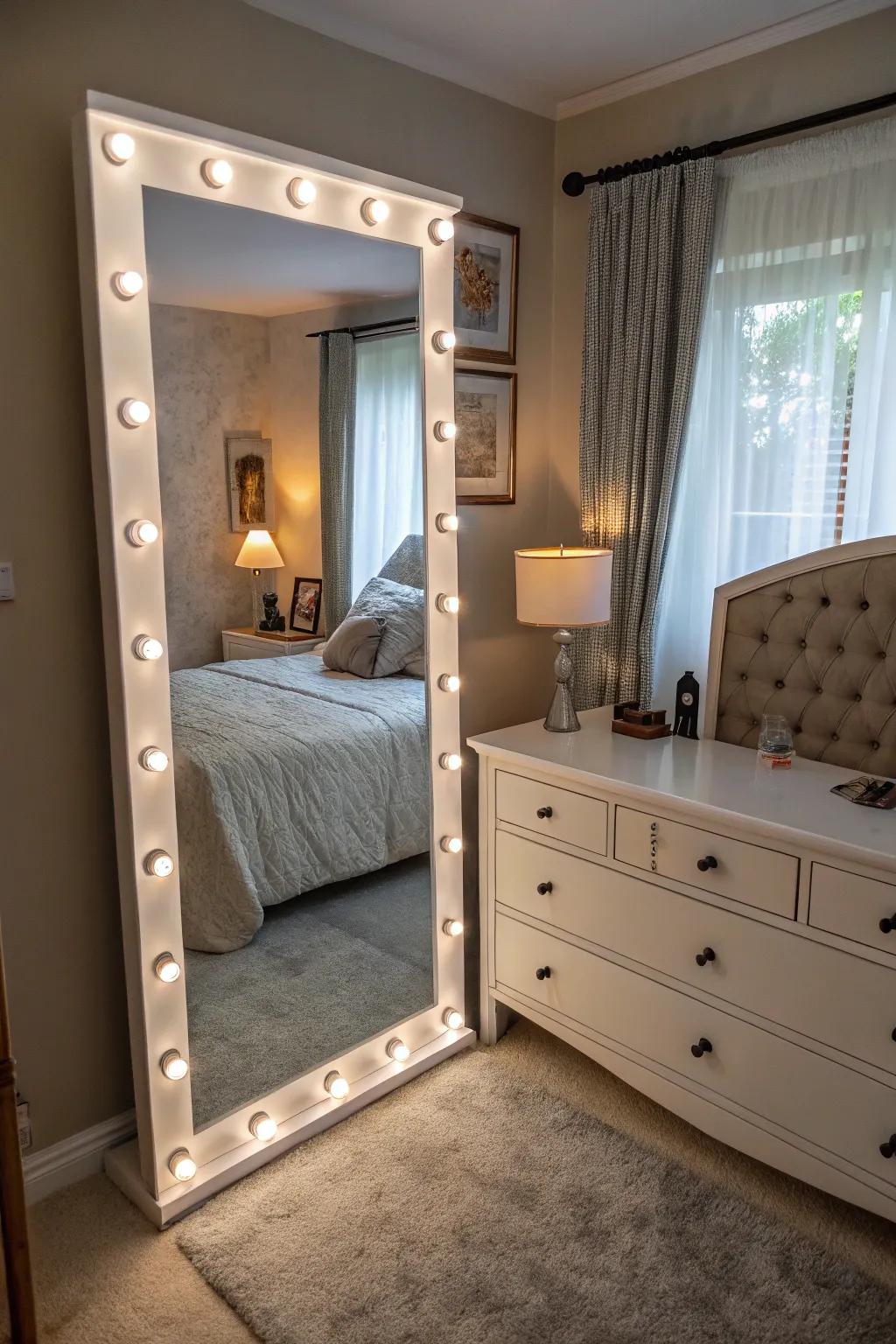 A mirror with built-in lighting enhances both functionality and style in the bedroom.