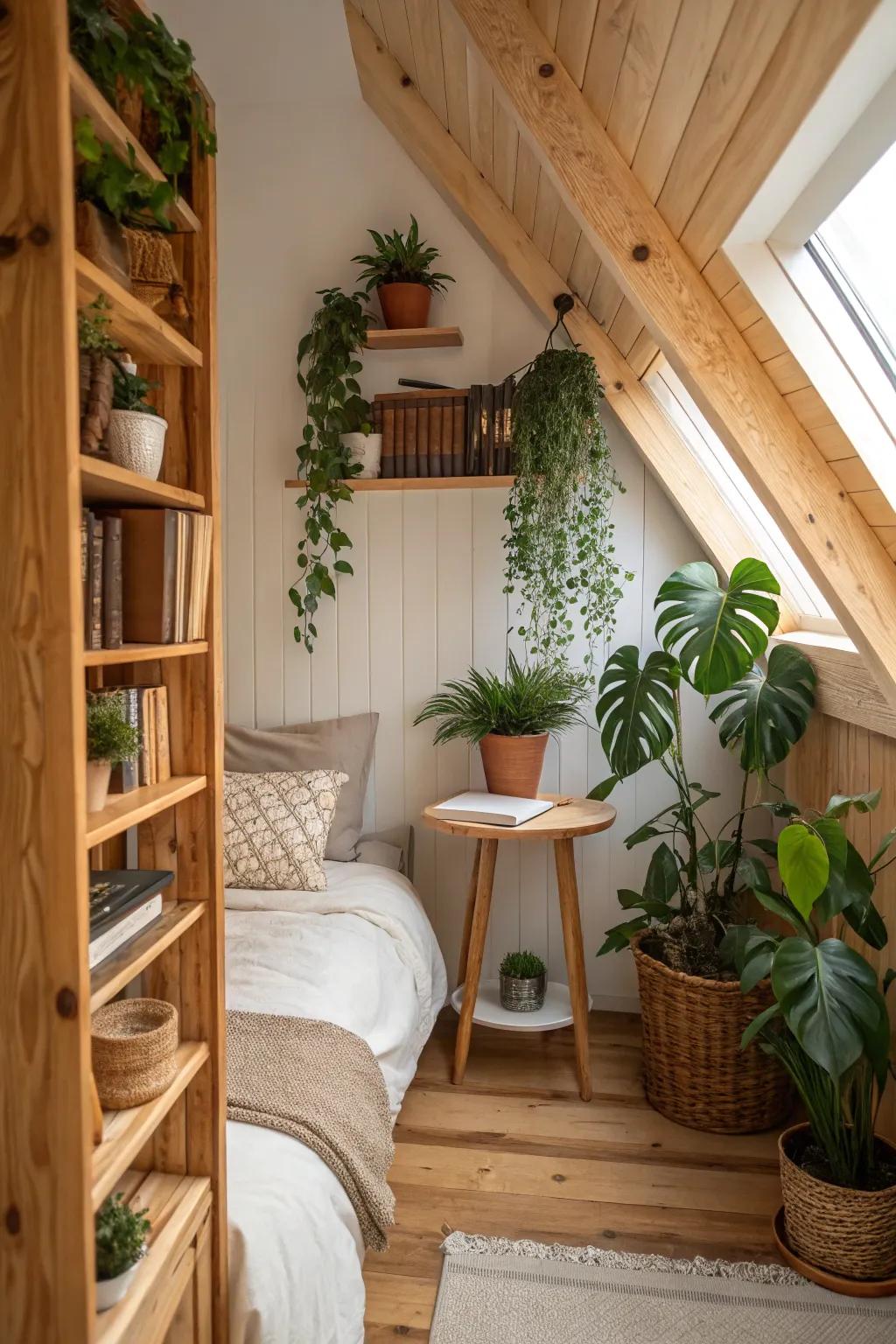 A nature-inspired bedroom nook with wood features and greenery.