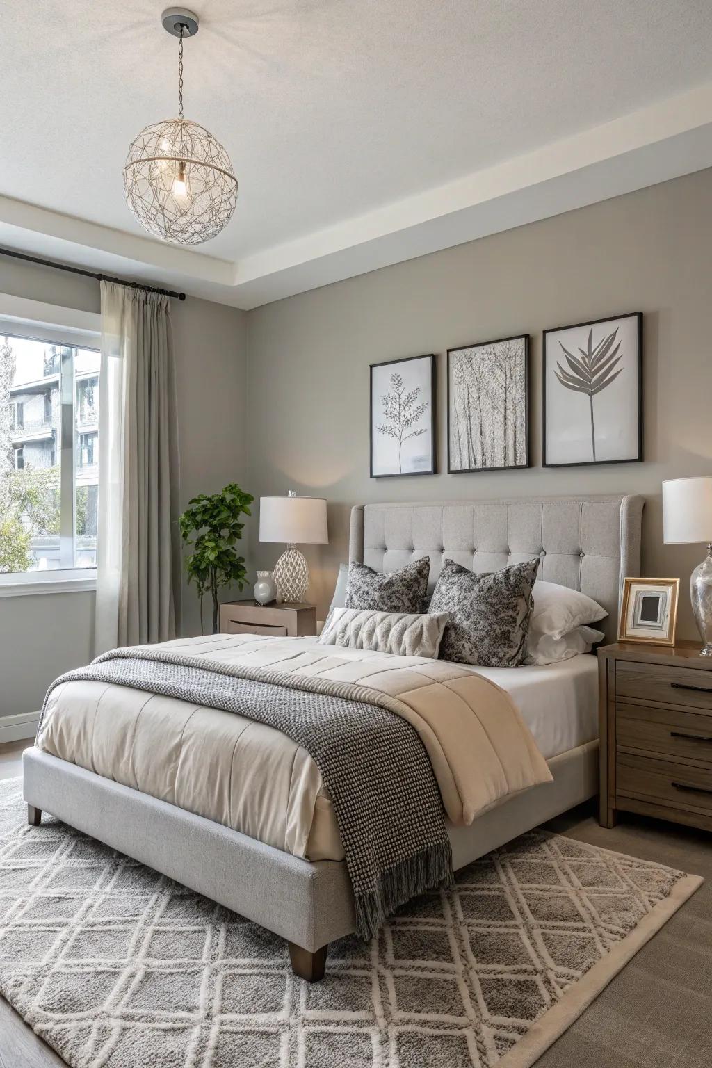 A refined bedroom featuring stone gray walls, providing a sophisticated and neutral backdrop.