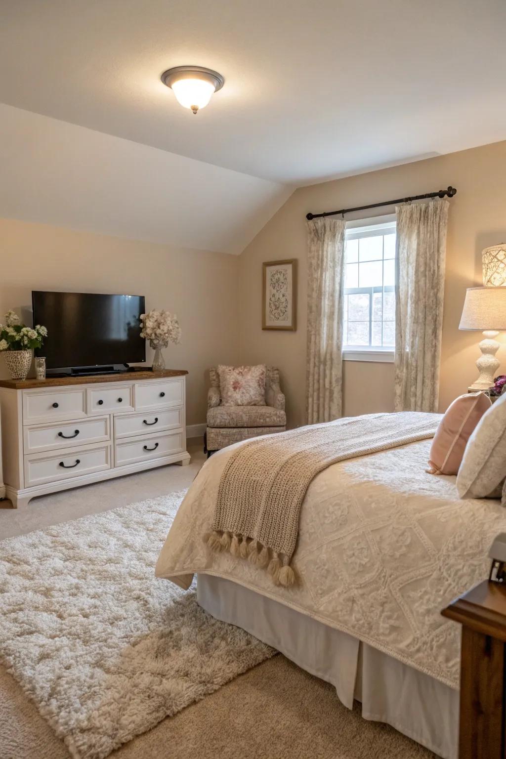 A subdued color scheme provides a calming backdrop for your TV sitting area.