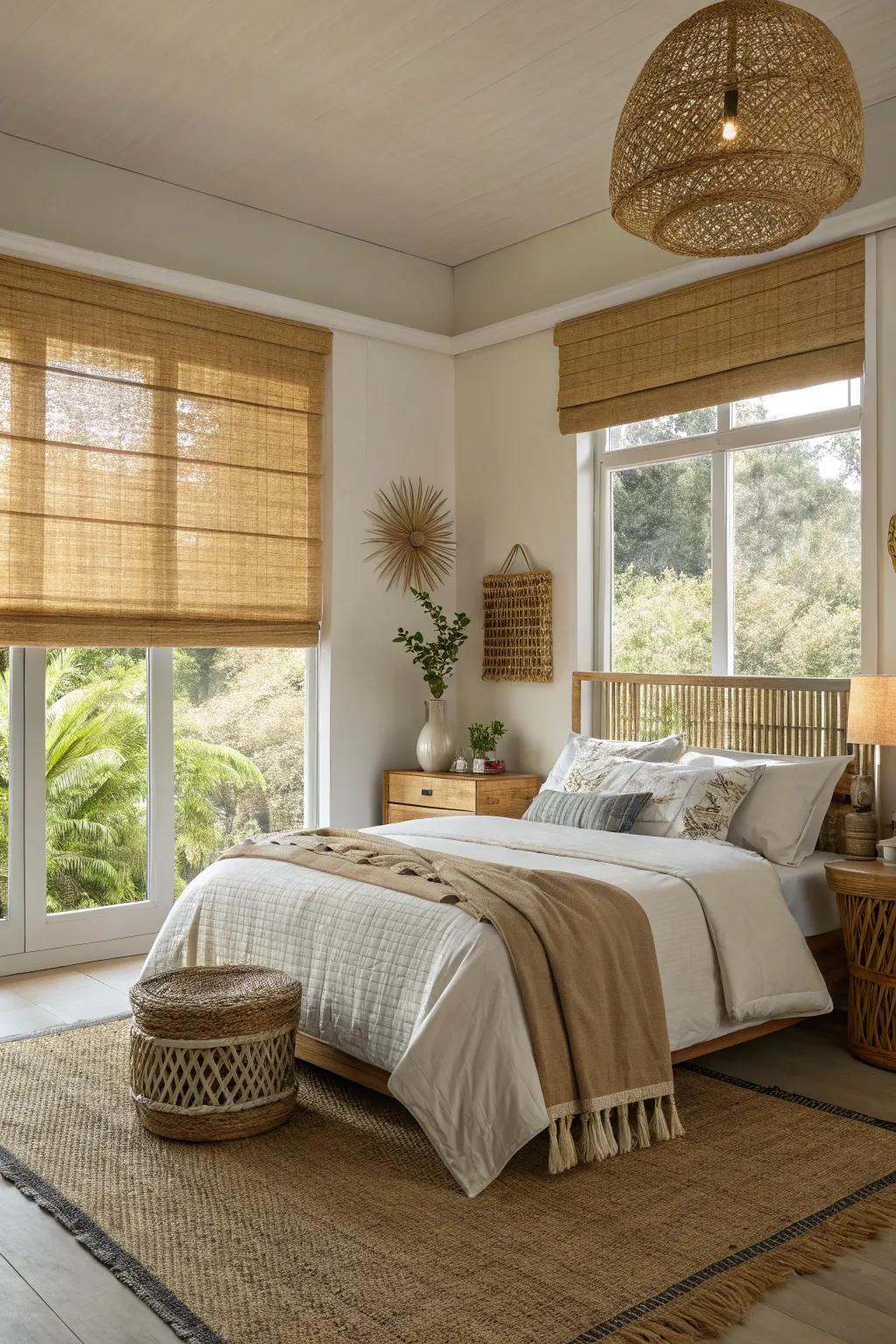 Cane screens infuse a cozy, organic touch into bedroom décor.
