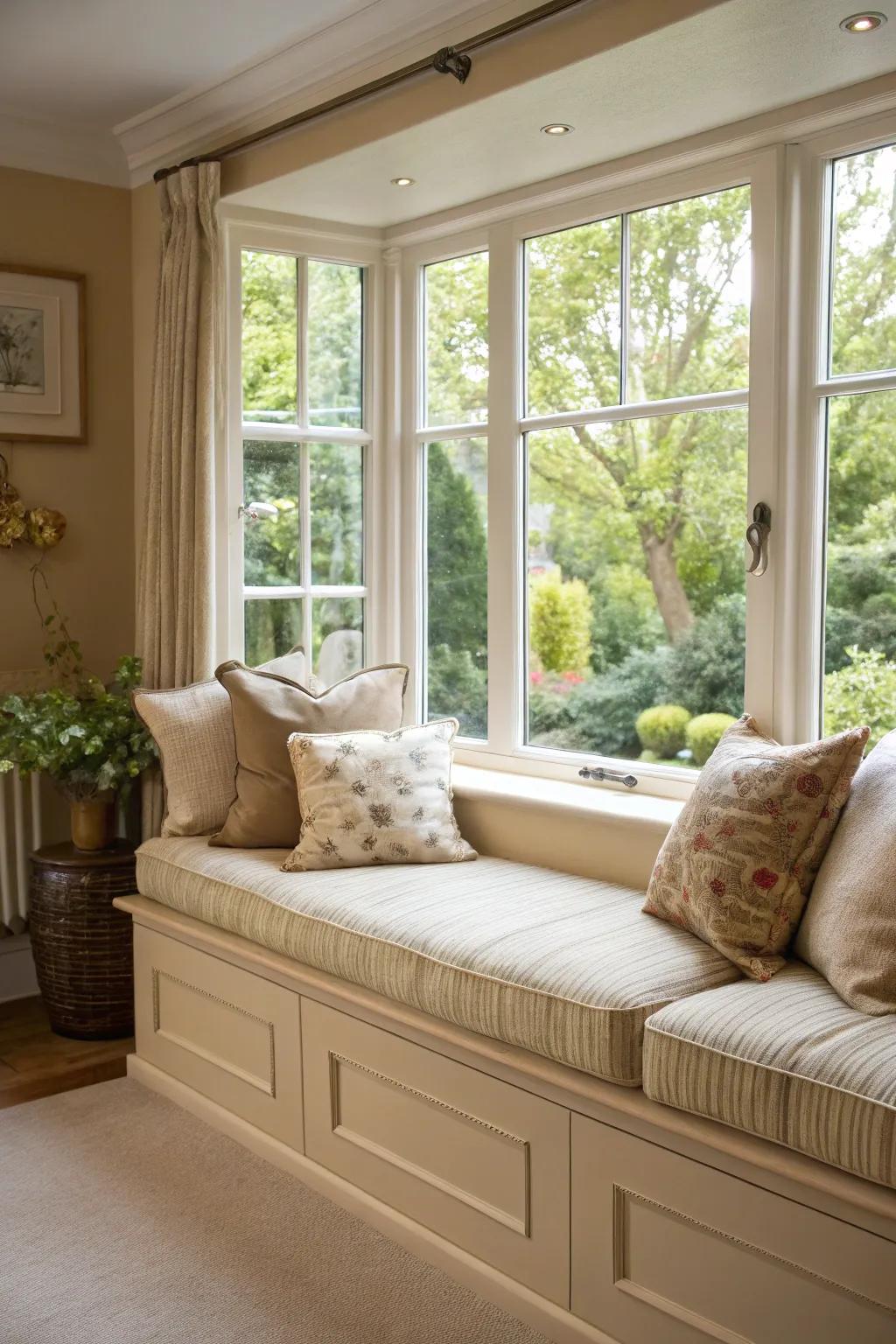 An inviting window bench delivers the impeccable escape within a beige interior.