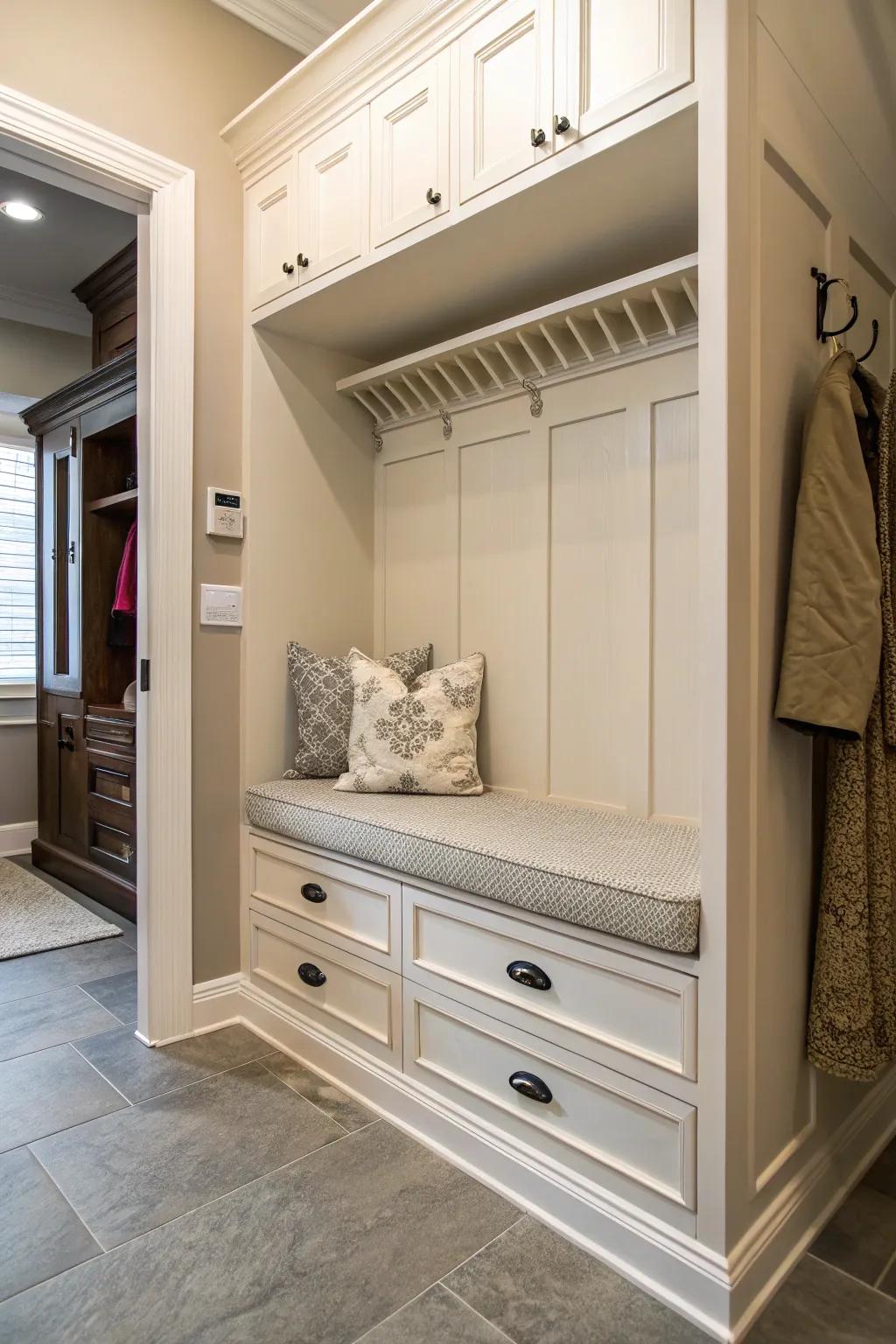 A bench with storage compartments beneath the seat maximizes space efficiently.