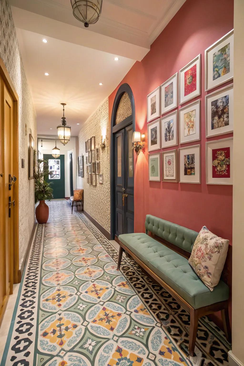 Vibrant patterned tiles in a lively hallway