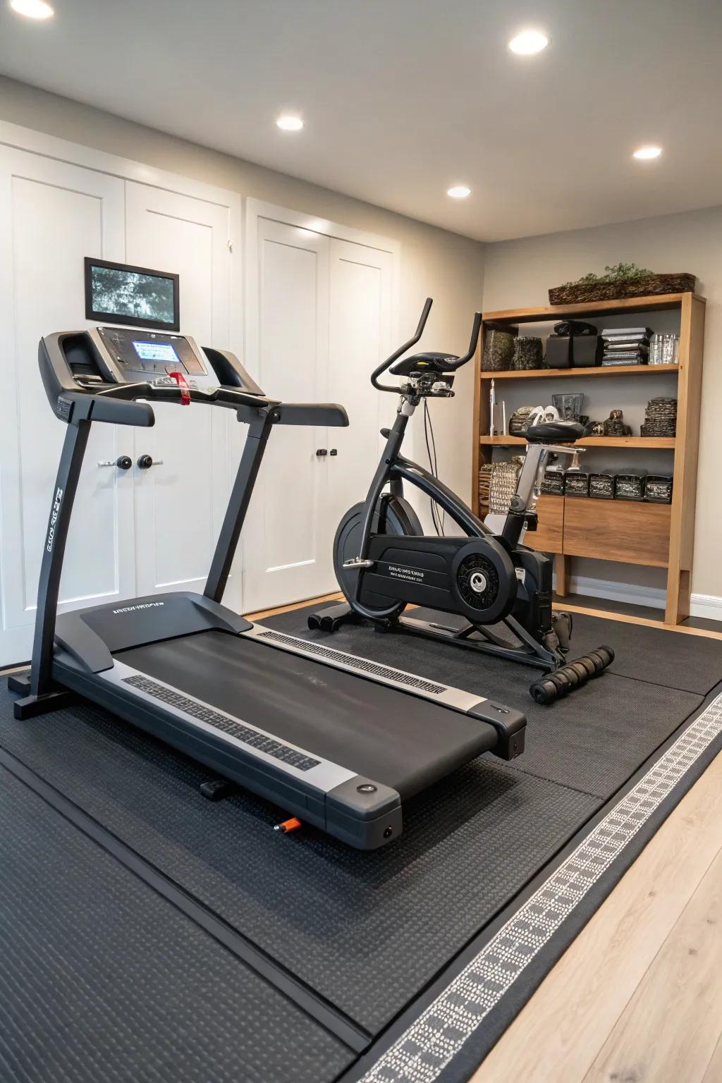 Cardio zones equipped with specialized floor covering for calm, effective workouts.