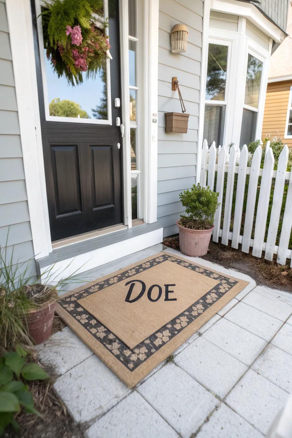 A personalized entryway mat introduces a welcoming vibe to any home's entrance.