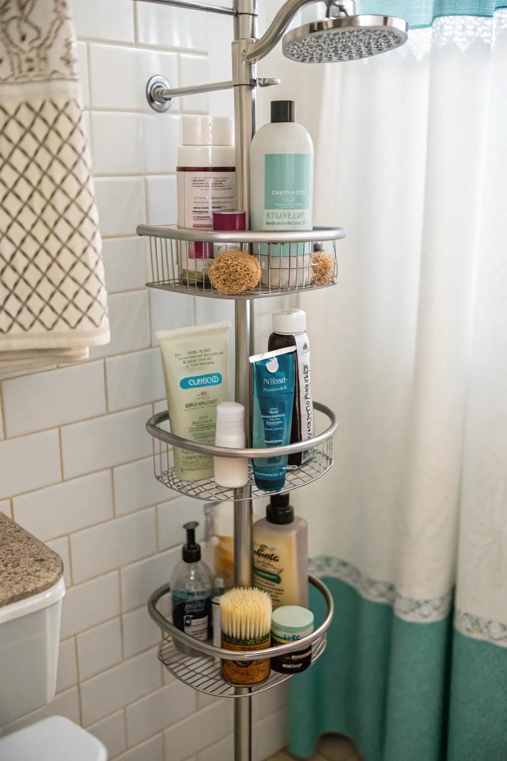 Maximize vertical space with a rod-style shower buddy.