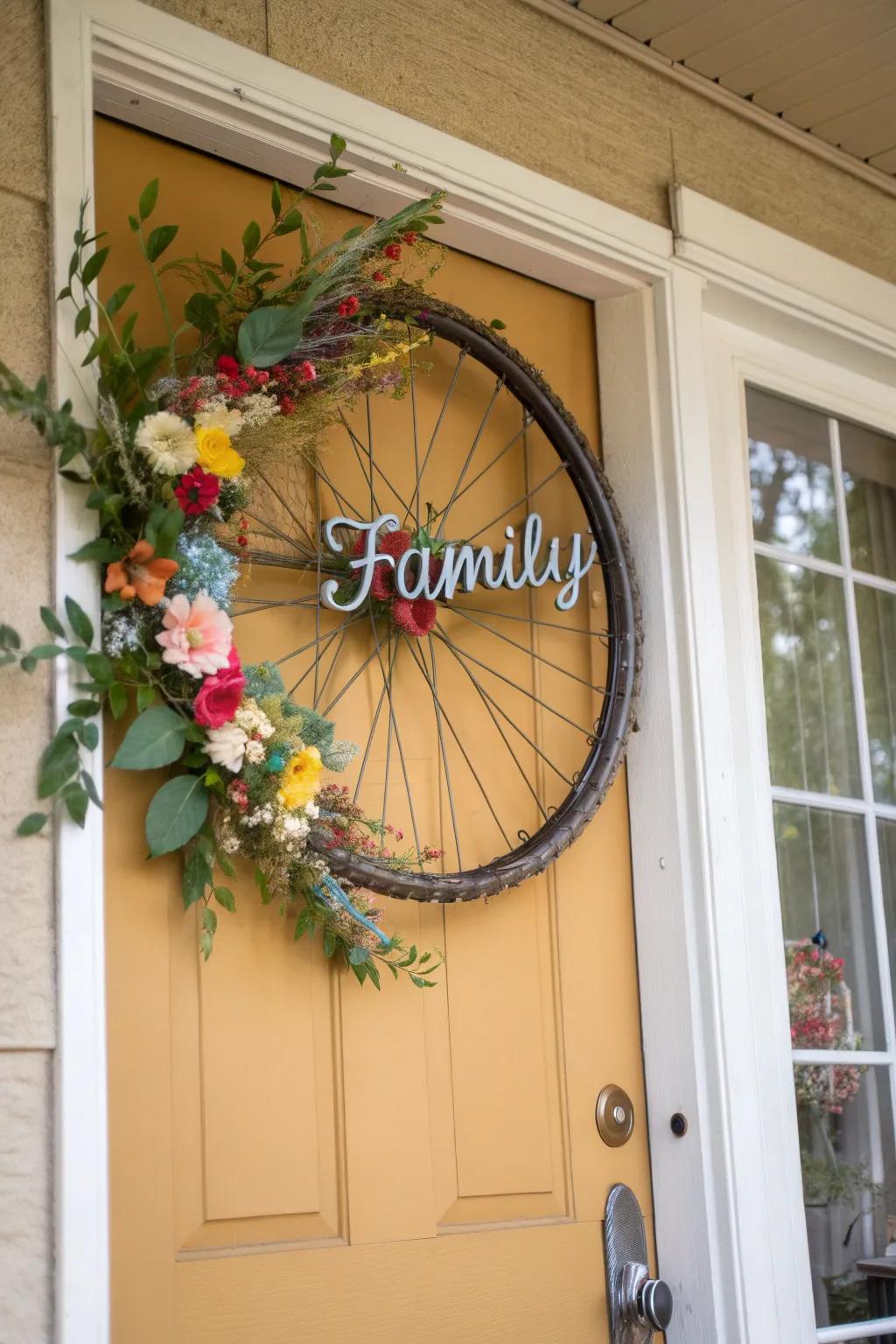 A personalized bicycle wreath with initials, adding a special touch to home decor.