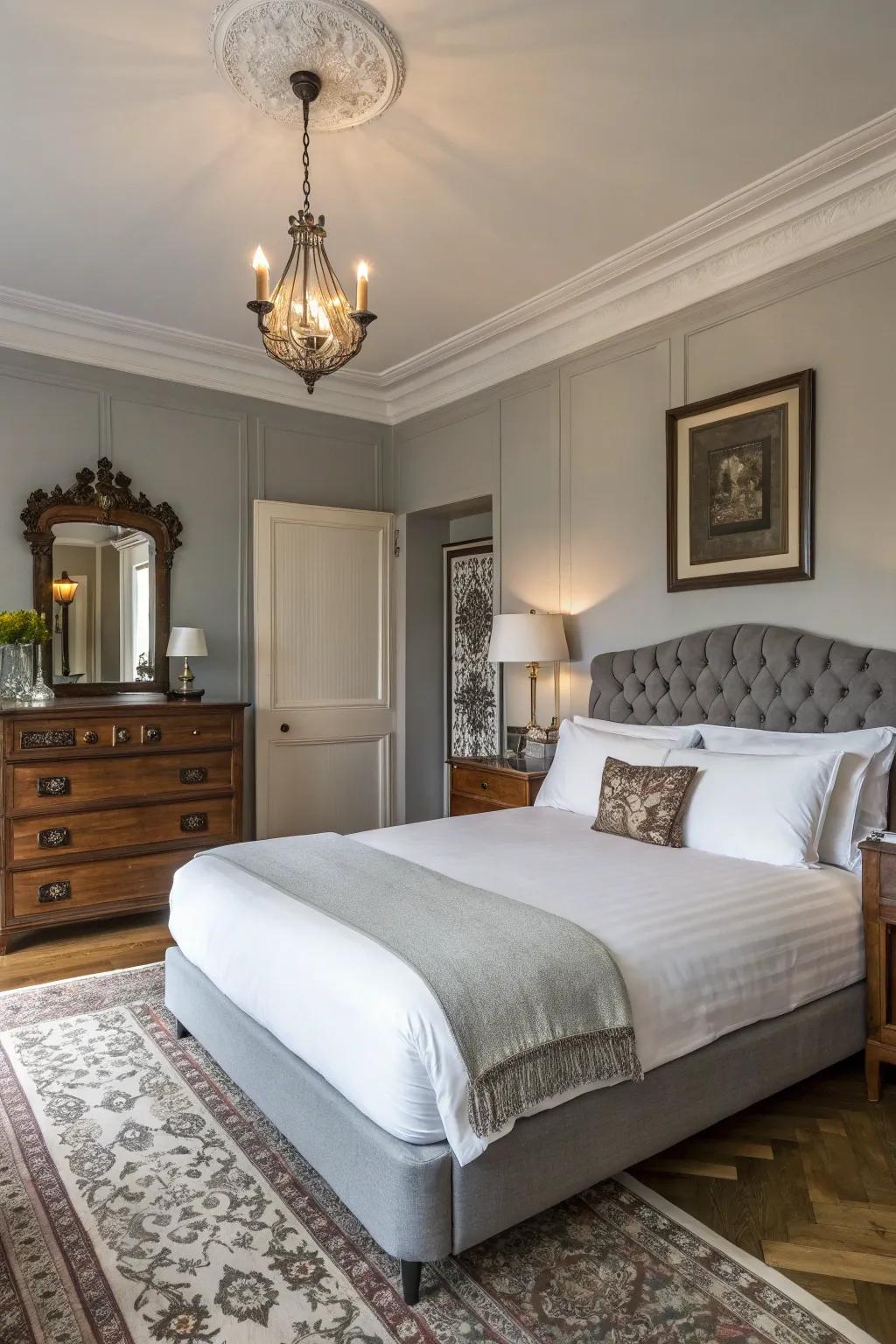 An expansive bedroom merging modern and classic styles for a timeless aesthetic.