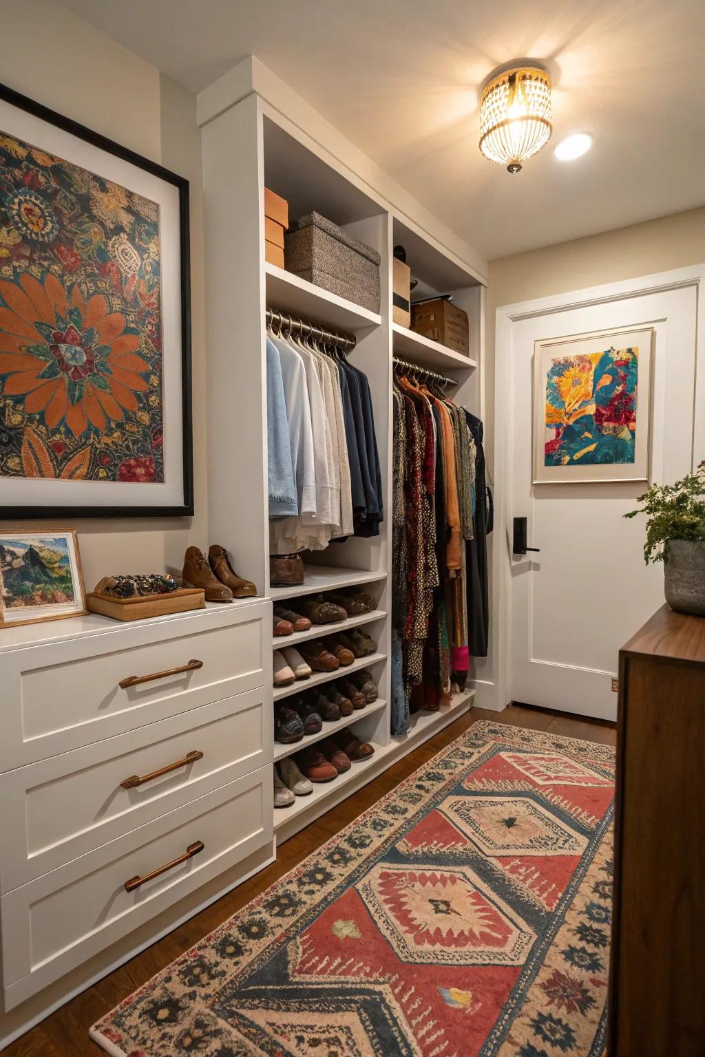 A closet with decorative elements such as artwork and a patterned rug.