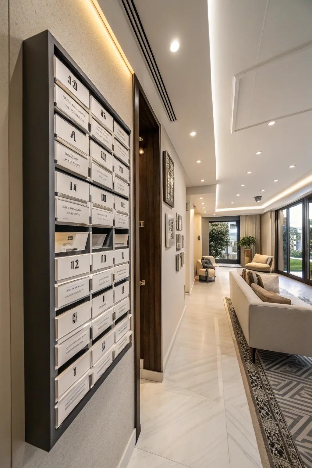 Stylish handling of mail and finances using a wall-mounted rack.