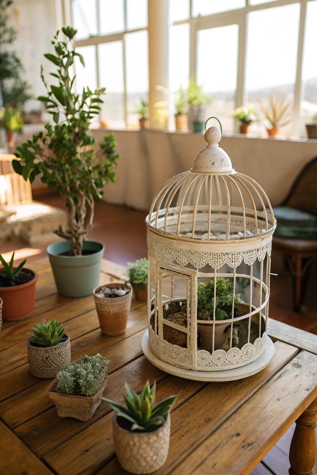 A cage that is transformed into a miniature oasis centerpiece.