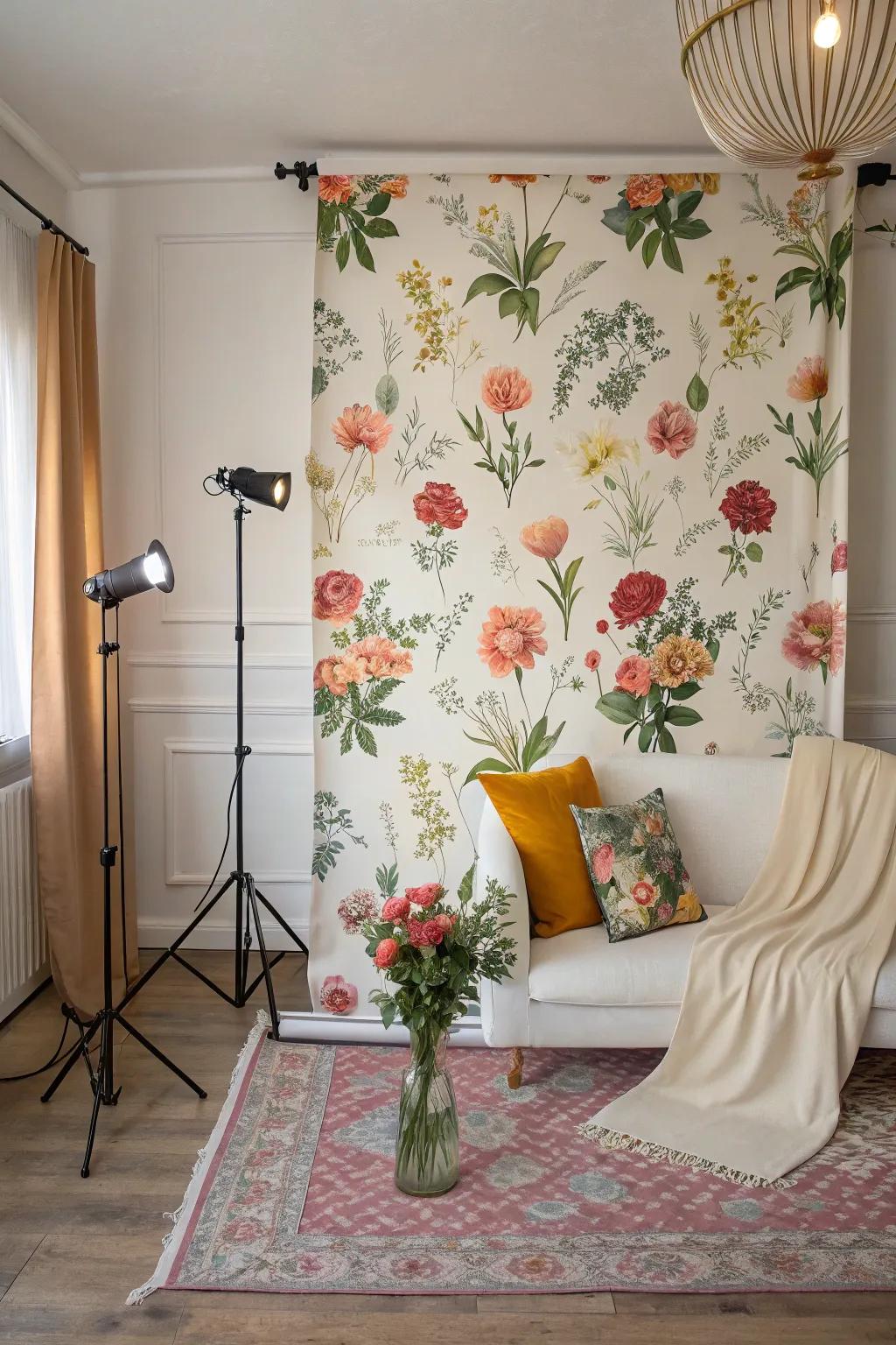 A wall of blossoms serves as an elegant photographic scene in a home environment.