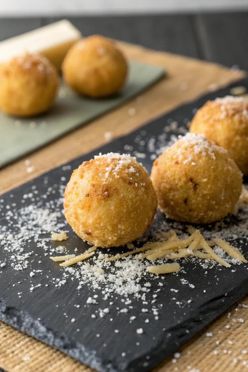 Crispy bite-sized arancini, perfect for cheese lovers.