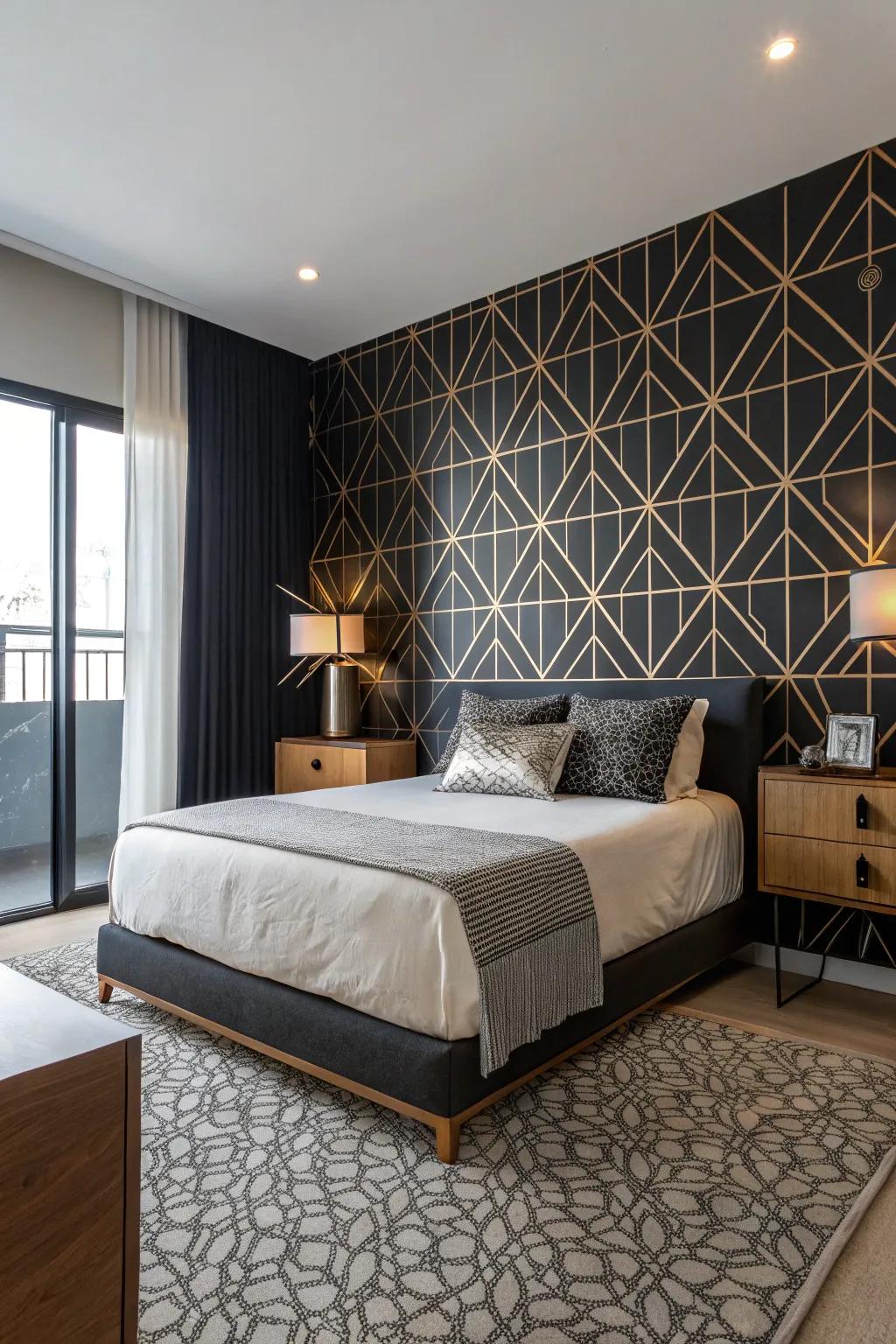 Geometric patterns upon a black feature wall include an up-to-date sense to this bedroom.