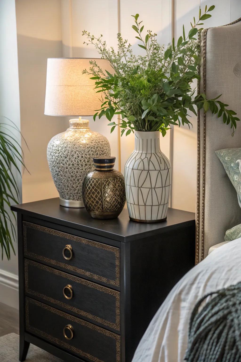 Ornamental vases and plants add bursts of color and vitality.