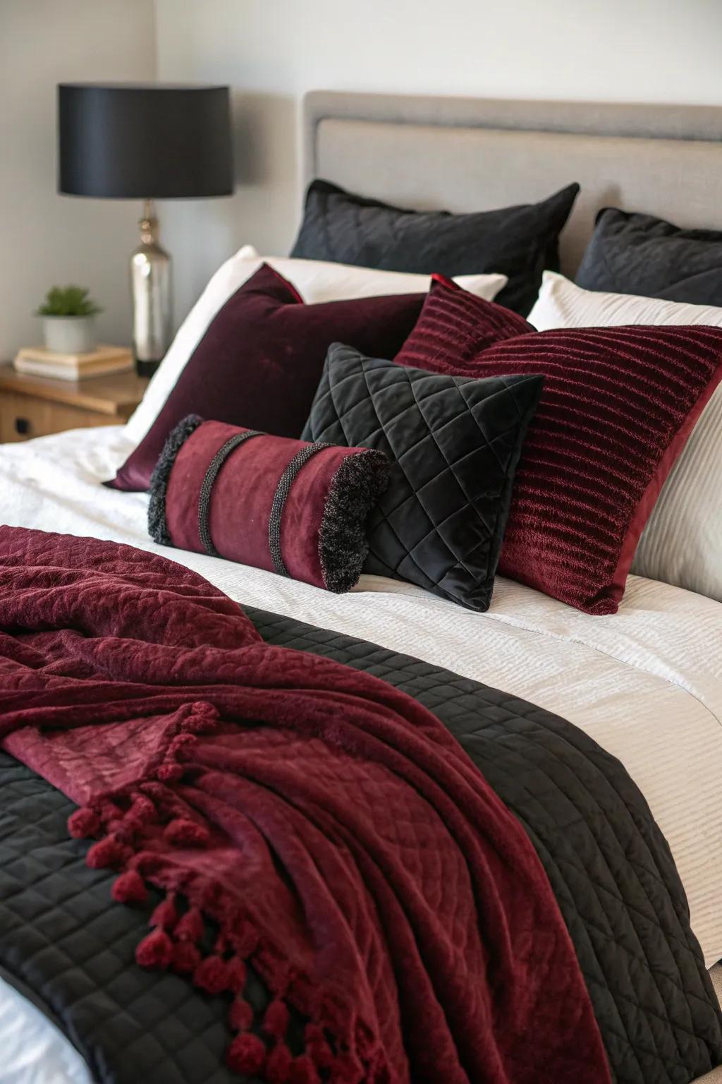 Mixing materials with throws and cushions enhances luxury and comfort.
