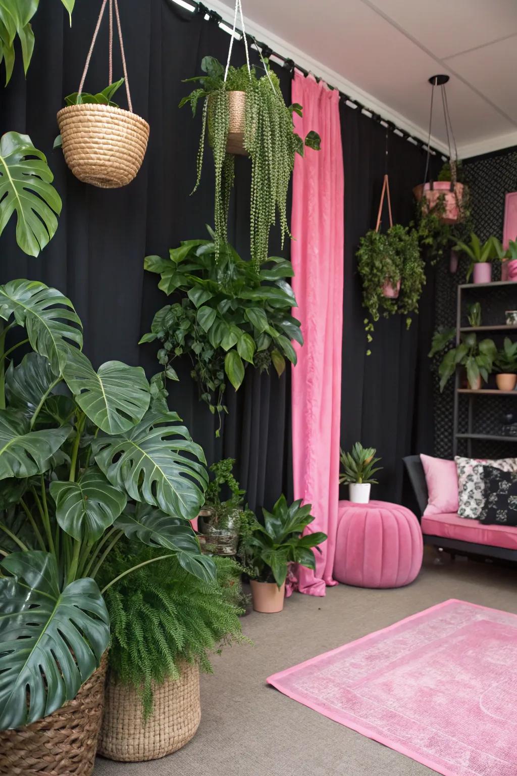 Verdant plants provide a refreshing contrast to the color scheme.