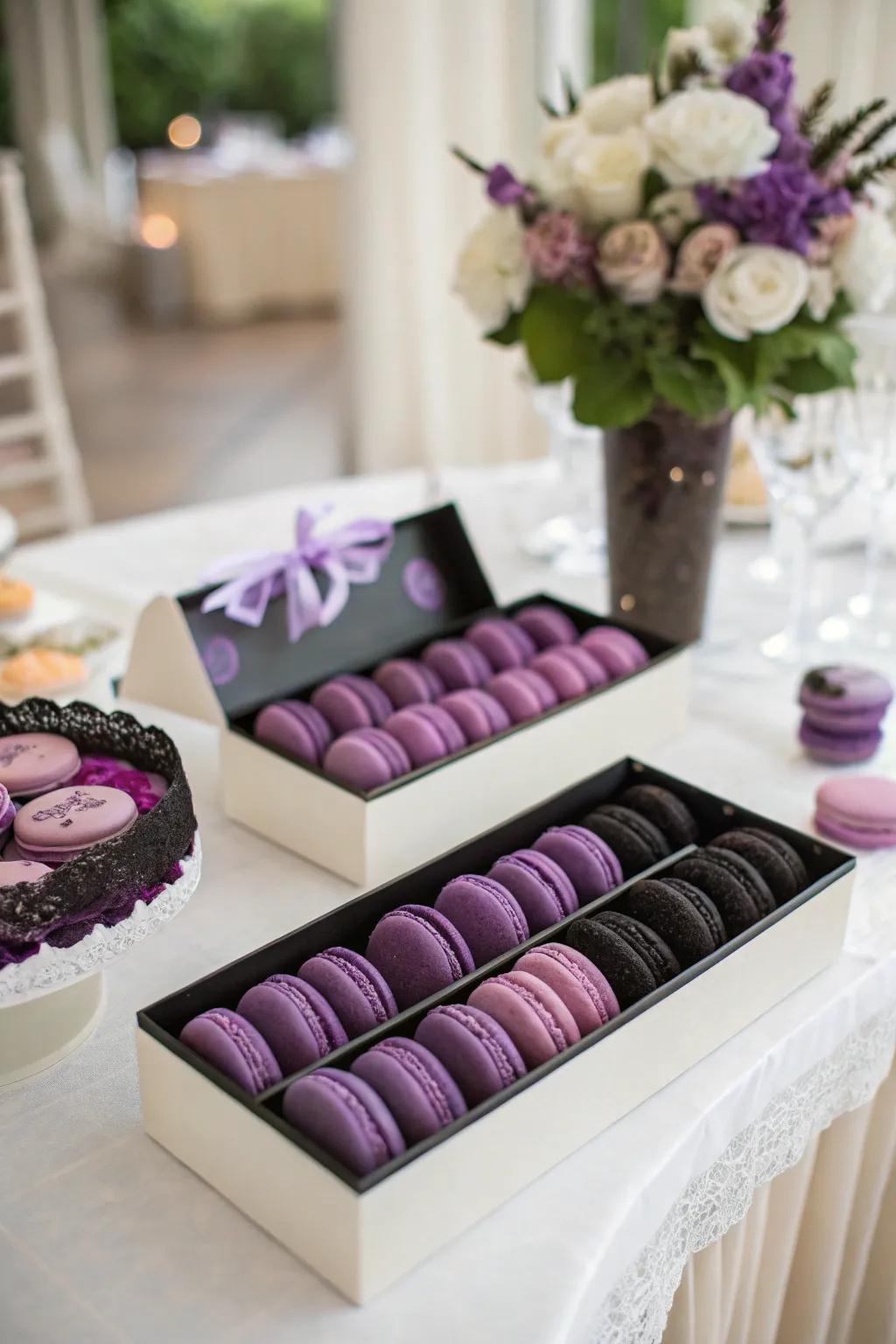 Original wedding gifts of dark and purple macarons.