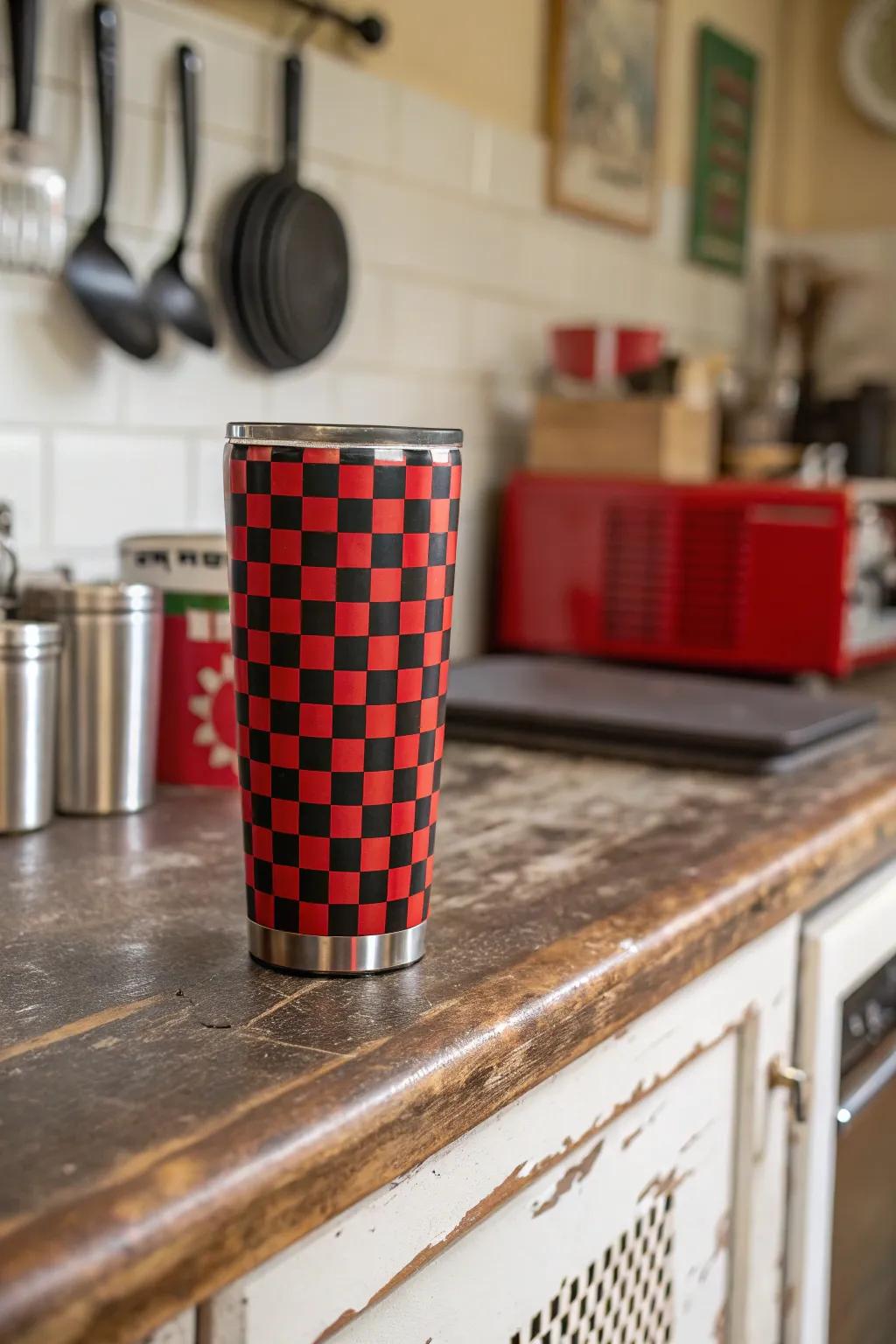 A retro checkerboard tumbler infusing a nostalgic essence.