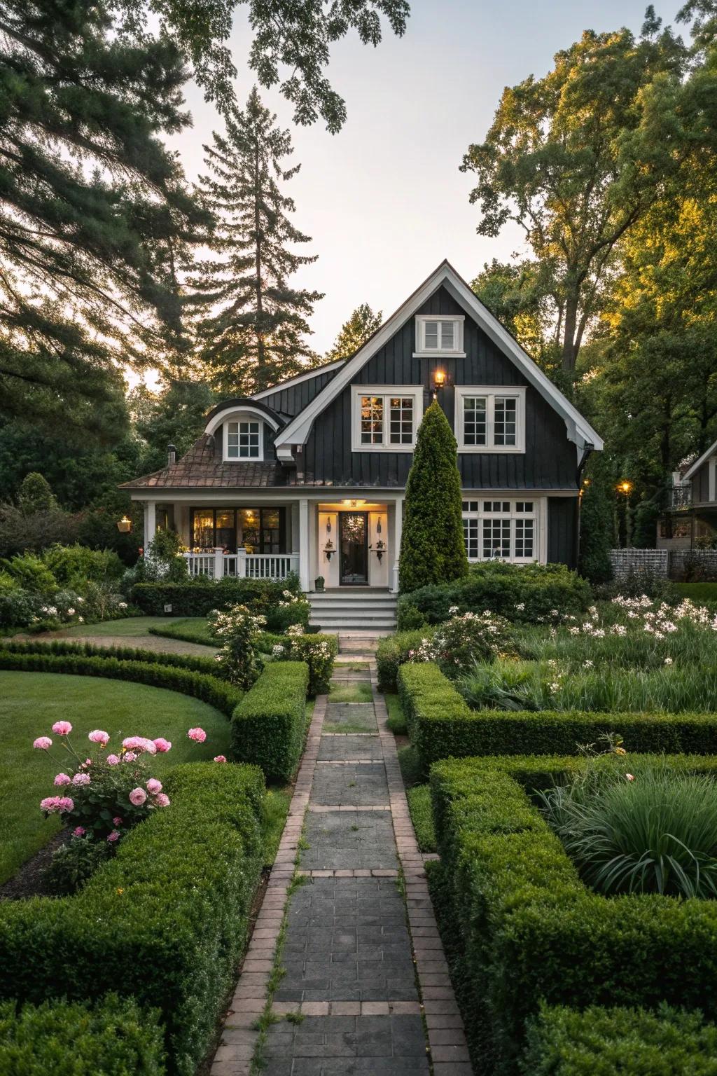 Well-planned landscaping enhances the black and white exterior of this home.