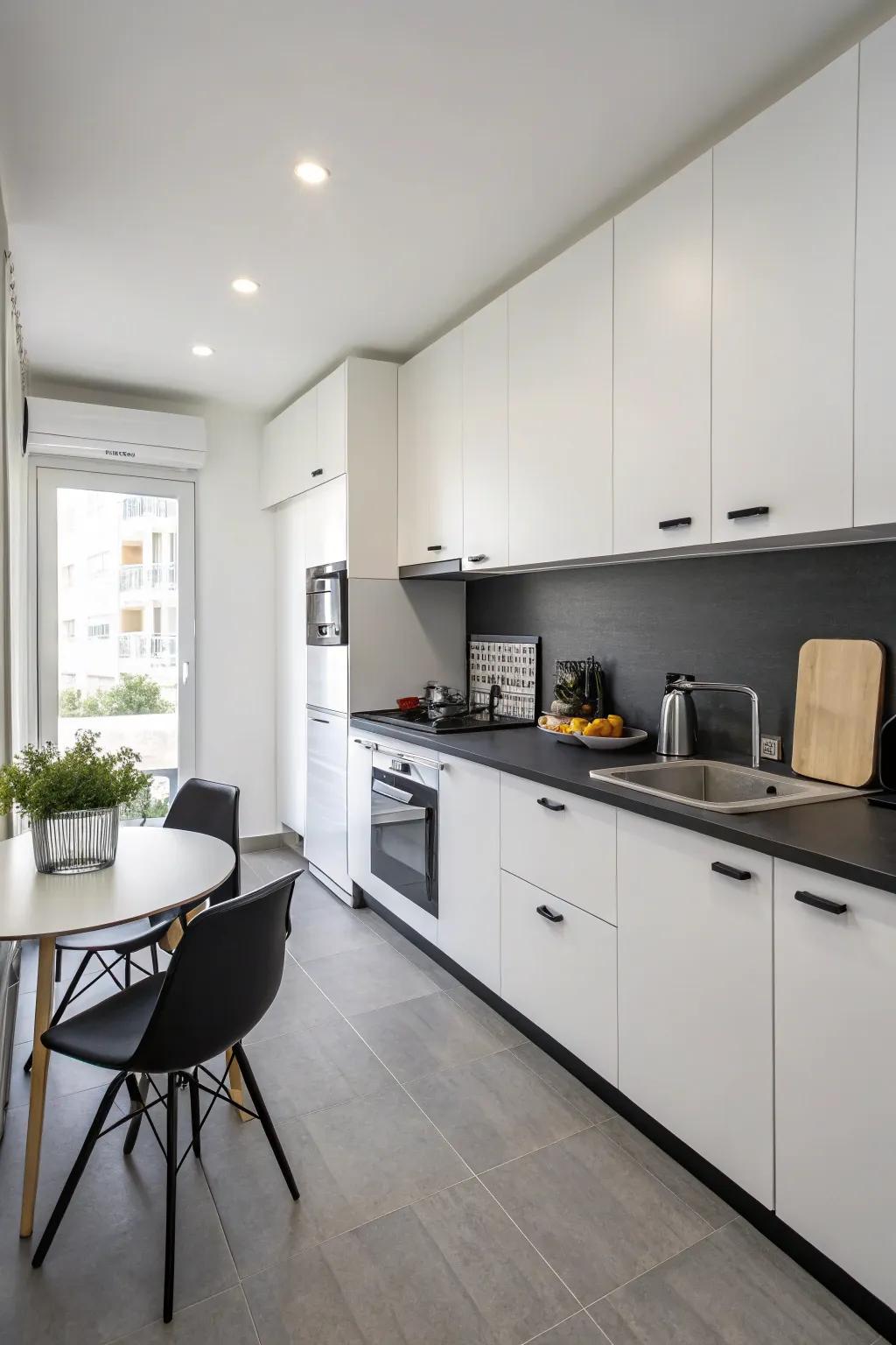 A simple cooking space featuring sleek dark-toned countertops.
