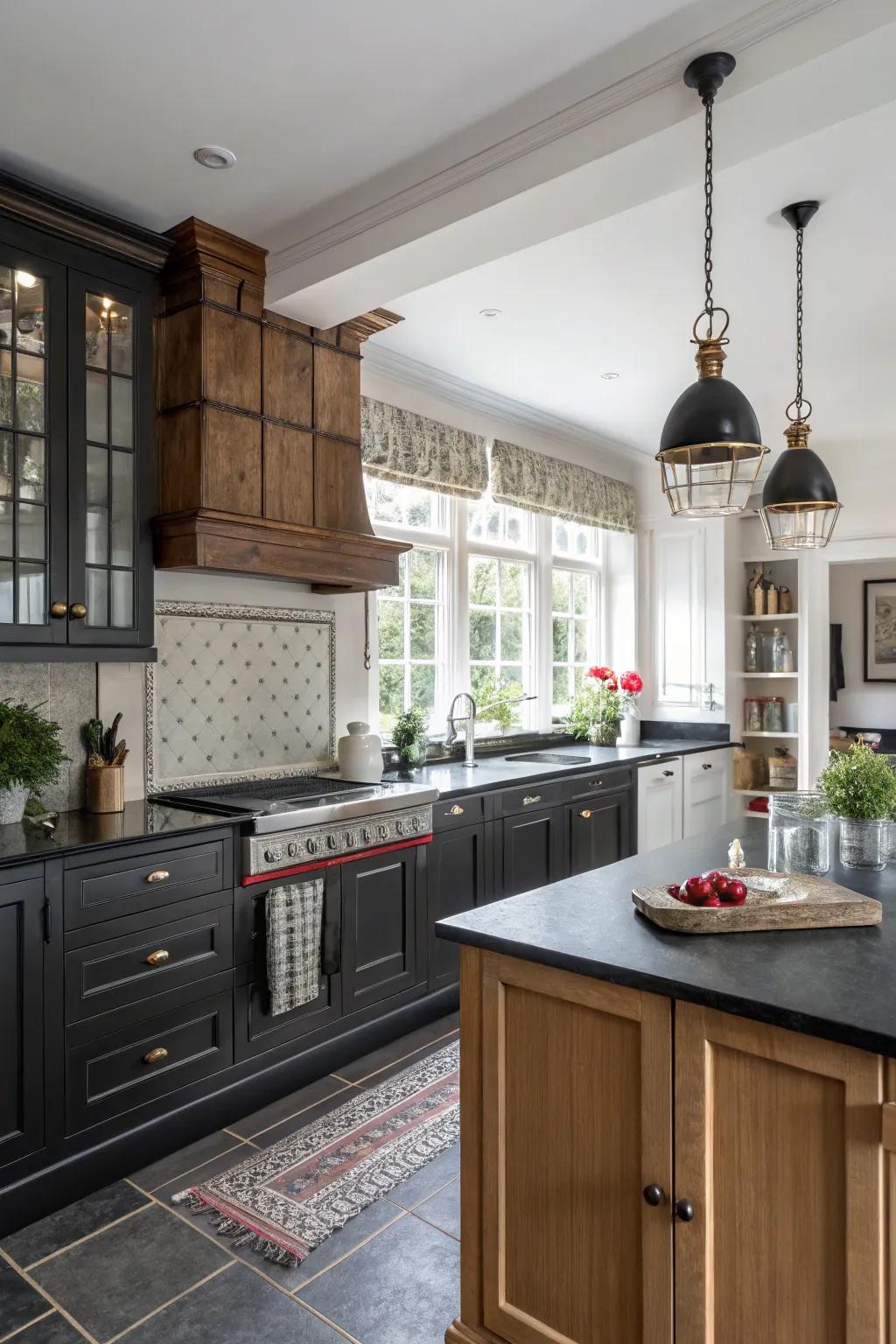 Modern and heritage styles blend with ebony countertops.