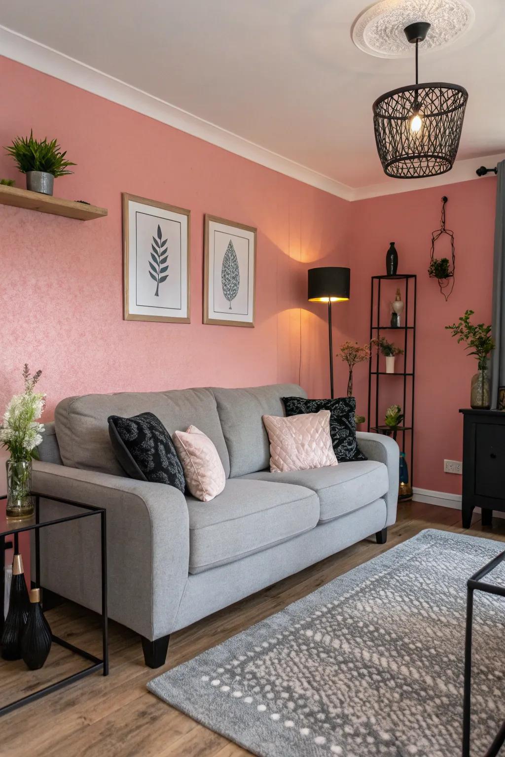 A rose emphasis wall forms a vibrant focal point.