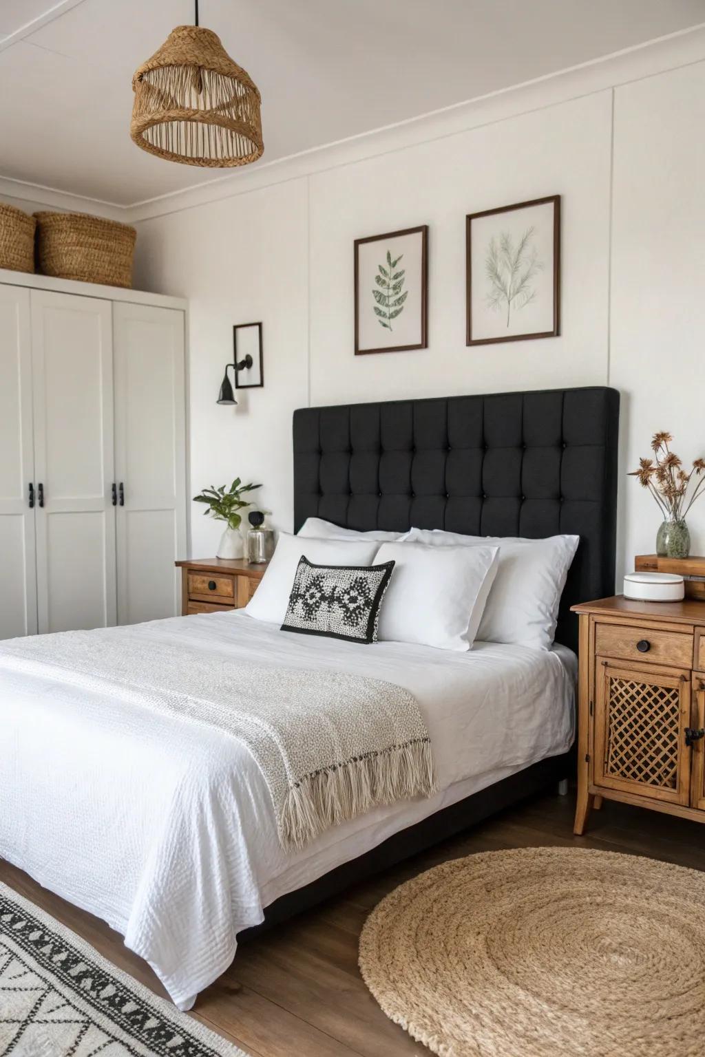 Timeless bedroom featuring bold dark and white contrasts