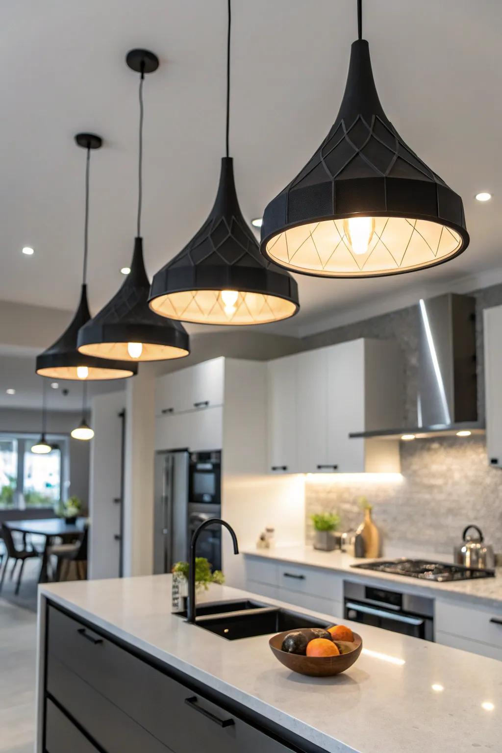 Daring contours in onyx fixtures establish an eye-catching centerpiece.