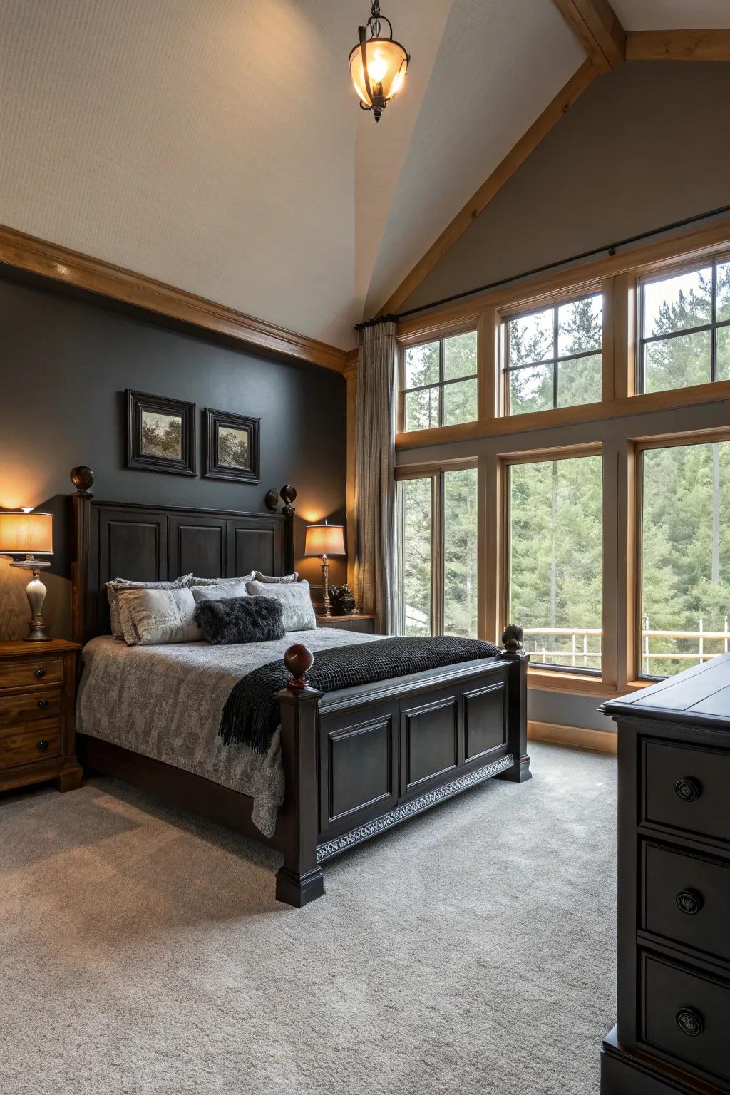 Innate timber components append warmth to a streamlined obsidian decor.