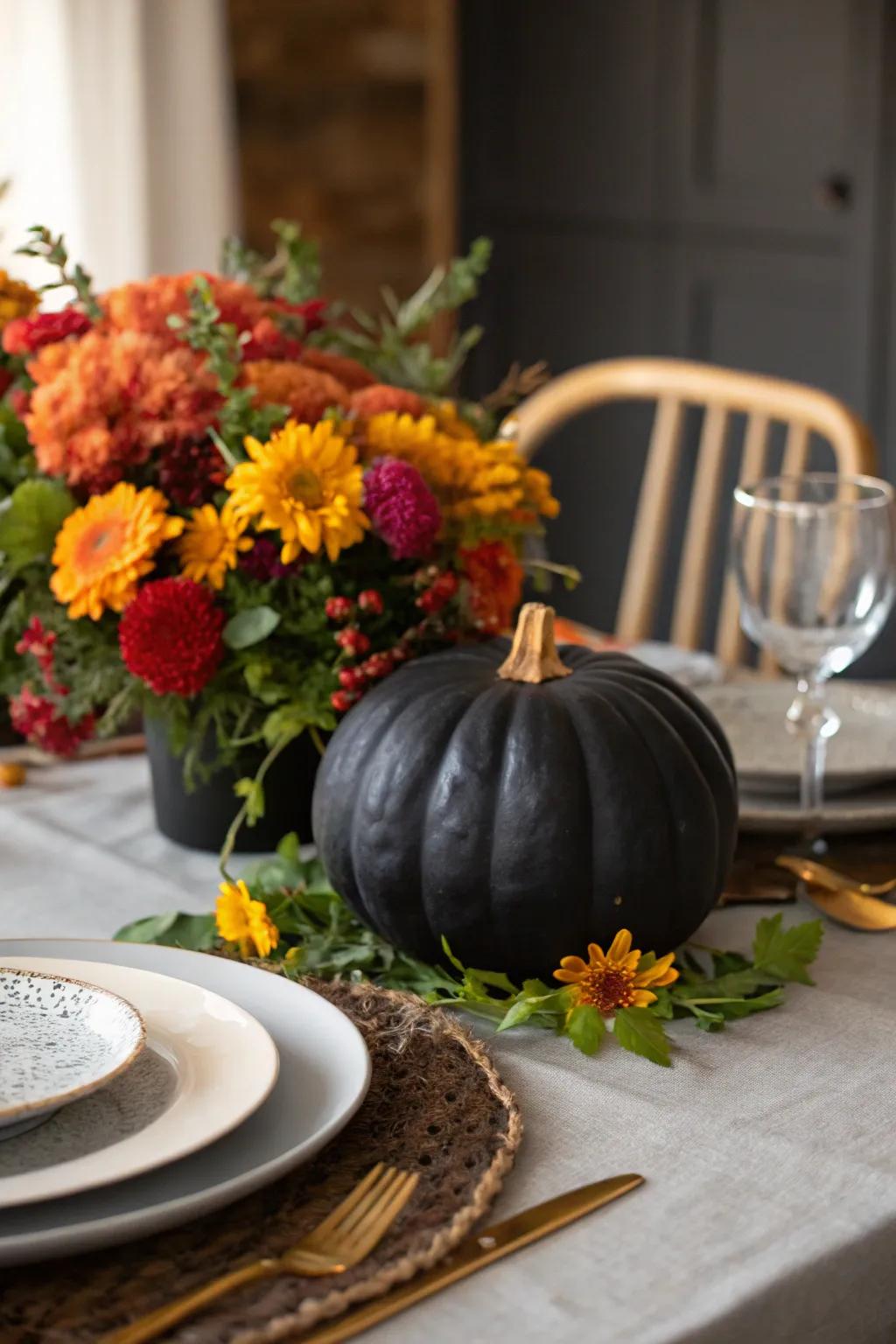 A black pumpkin adorned with vibrant flowers, making a beautiful centerpiece.