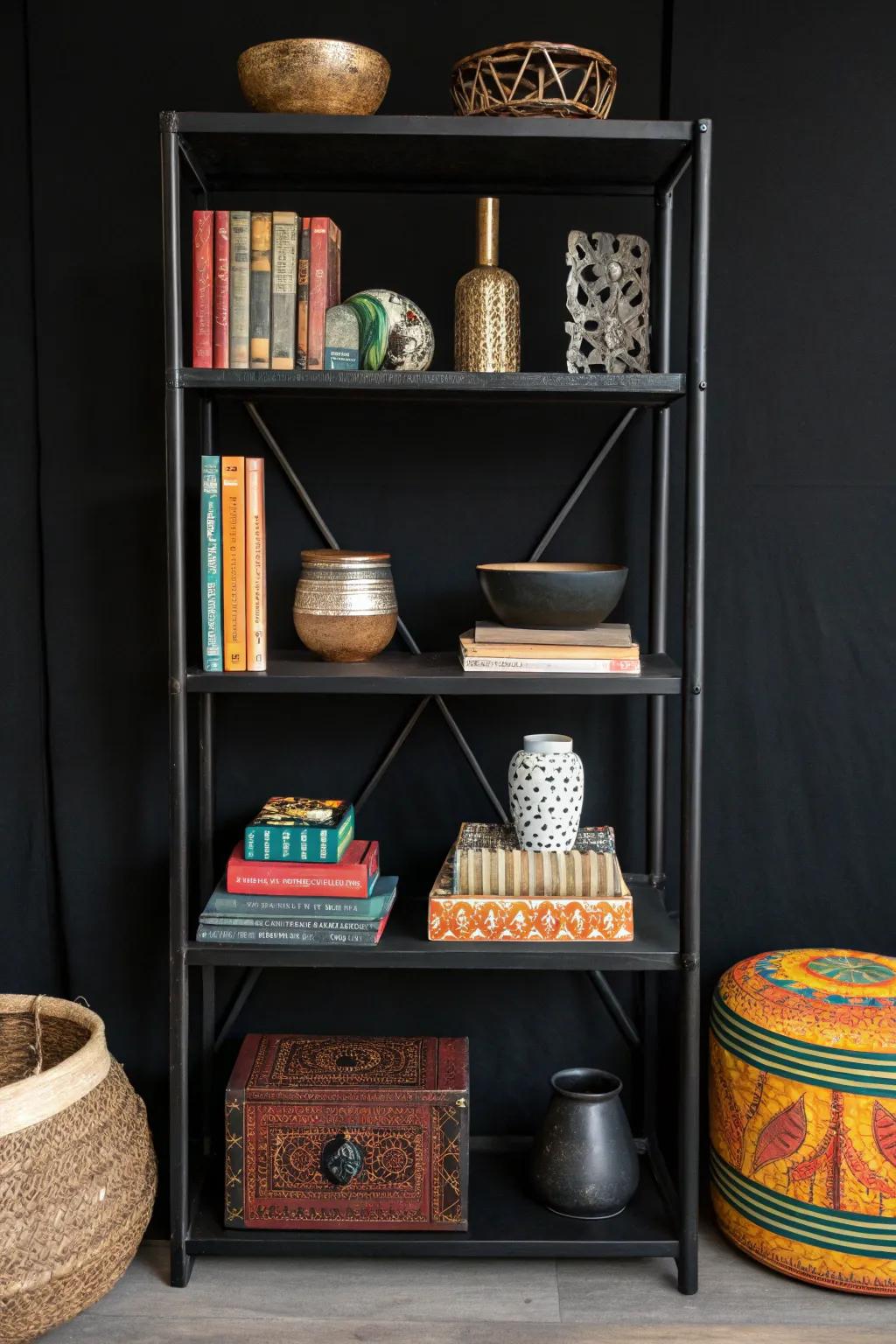 Overlaid decorative elements enhancing depth on a dark shelf.