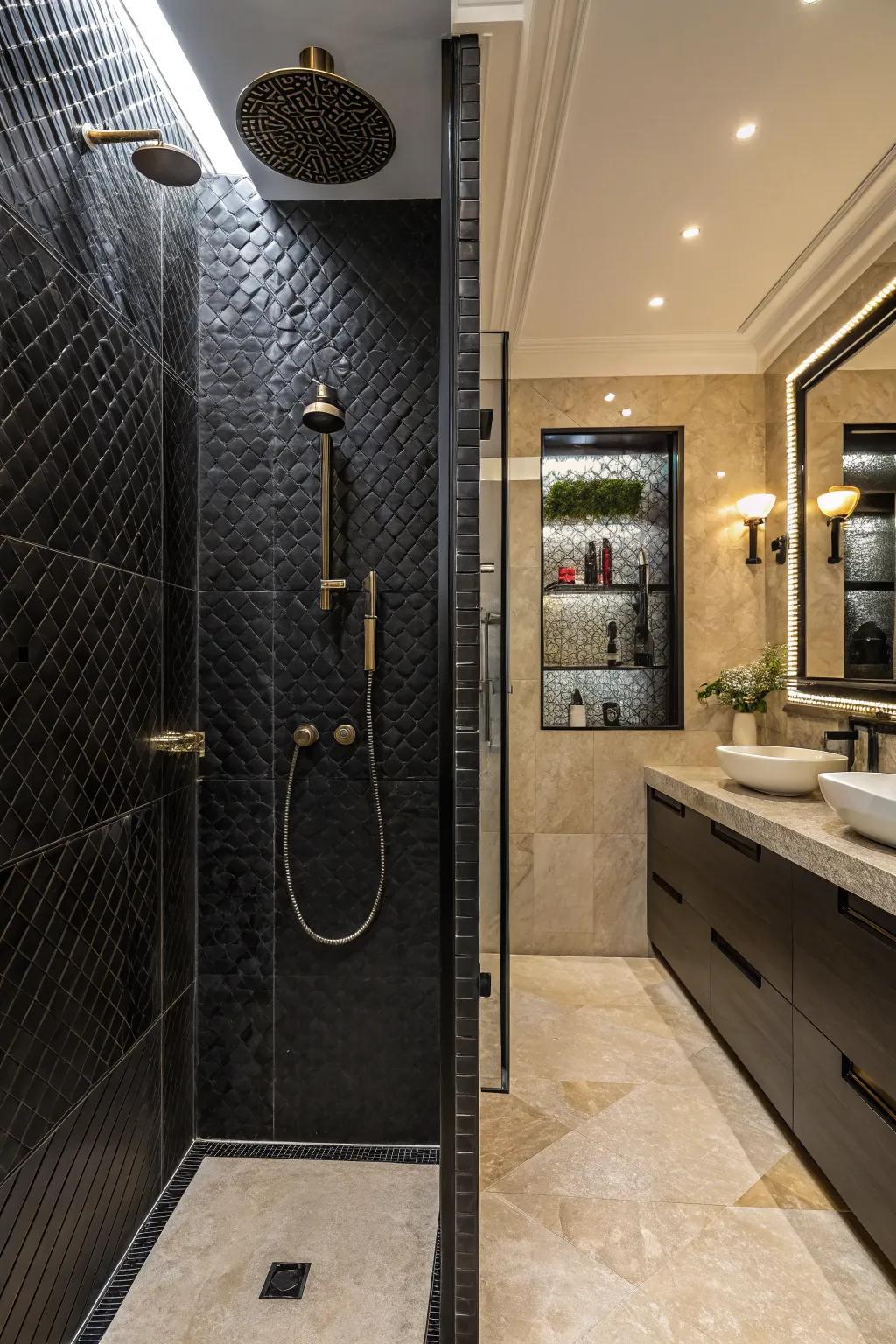 Patinas inject depth and intrigue into ebony bathing areas.