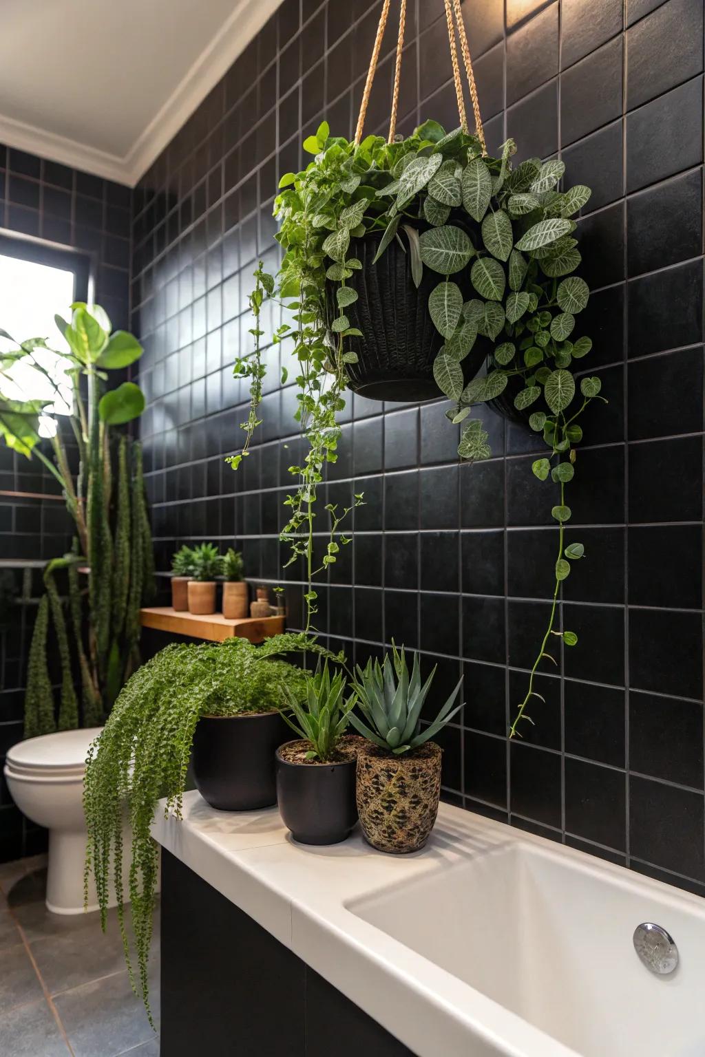 Nature softens the impact of dark boards, creating a calming atmosphere.