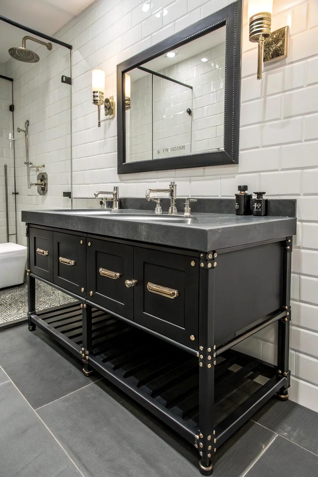 Industrial metal components paired with a dark sink console create a chic, urban bathroom vibe.
