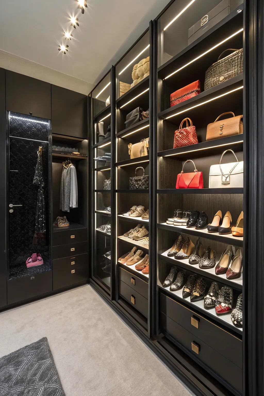 Accessories evolve into artistry within this fashionable and organized closet.