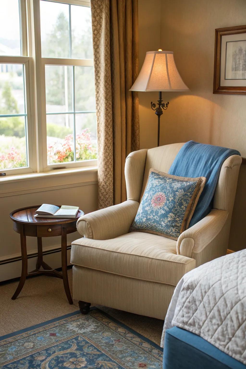 A sandstone easy chair with azure cushions creates an ideal spot for reading.