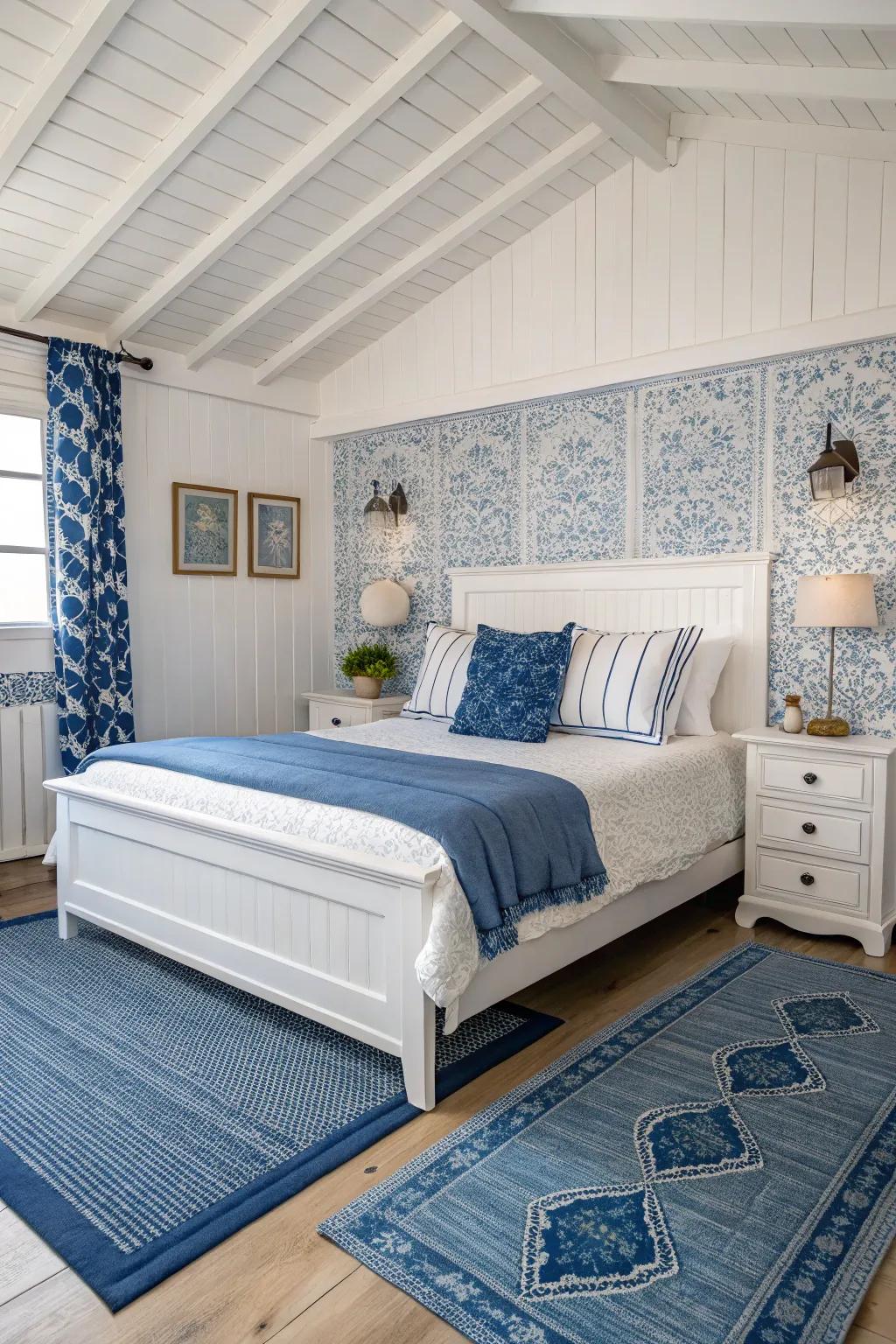 Layered textures bring depth and comfort to a blue and white bedroom.