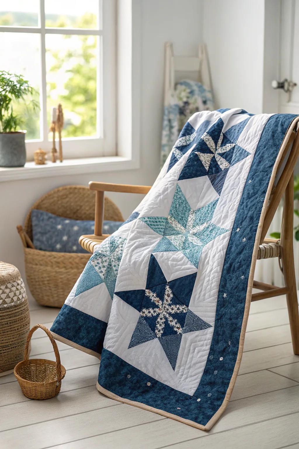 Magical celestial vibes radiate from this impressive star-designed quilt, ideal for adding a whimsical touch to any area.