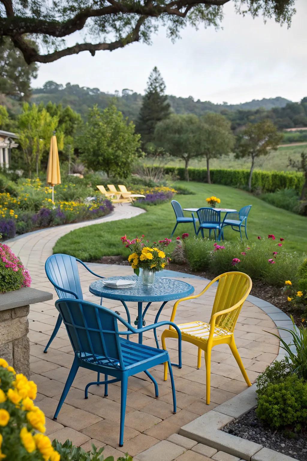 An outdoor patio showcasing sea and lemon furniture for a vibrant retreat.