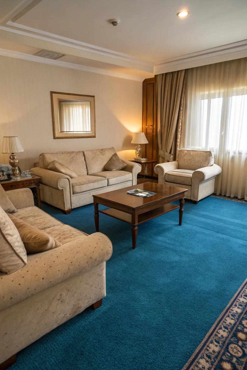 Neutral hues enrich a blue carpet, fashioning a harmonious communal sector.