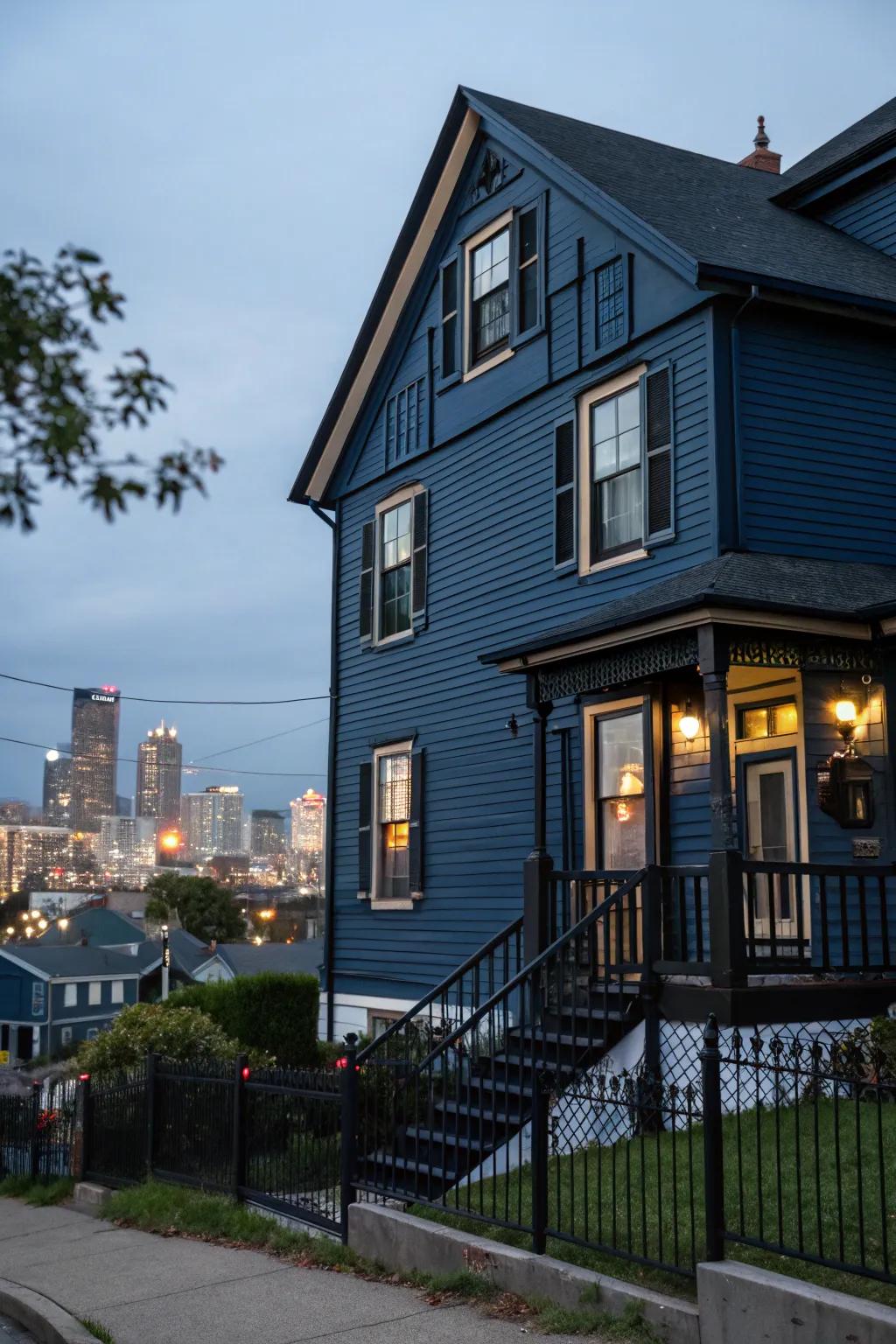 Dark accents create a striking contrast on blue exteriors.