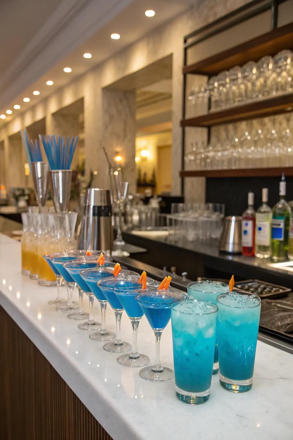 A selection of azure cocktails prepared to refresh celebration attendees.